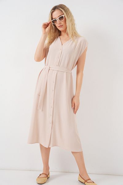 Bigdart Women's Zero Sleeve Belted Ayrobin Dress 2568 - Cream