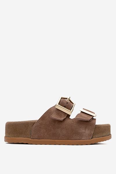 Dericlub Deri̇club Women's Thick Sole Belted Slippers Real Suede Leather Zy 8145 Mink