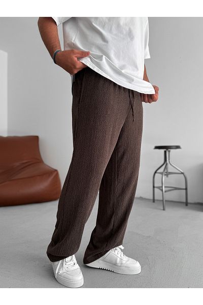 BYBASICMAN Dark Brown Crushed Textured Pipe Leg Trousers Jj-234