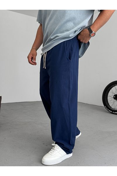 BYBASICMAN Navy Blue Cotton Linen Baggy Trousers Es-15