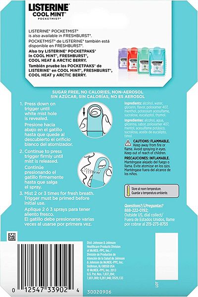 Listerine Set spray bucal Listerine Pocket Mist, împotriva halitozei și respirației urât mirositoare, 280 de pulverizări, 2x 7,7 ml