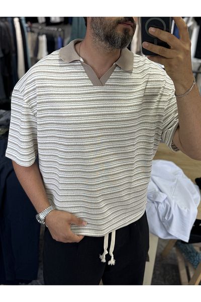 BYBASICMAN Beige Striped V-Neck T-Shirt Yp-5077
