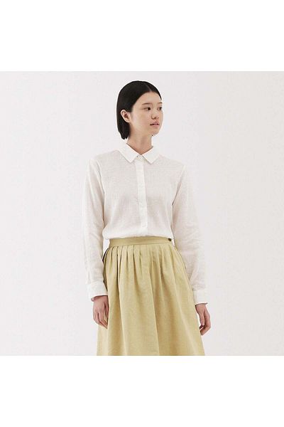 Muji قميص كتان مغسول بياقة عادية وأكمام طويلة