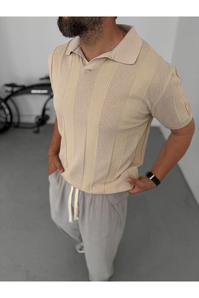BYBASICMAN Beige Thick Striped Polo Neck Knitwear T-Shirt Yp-5003