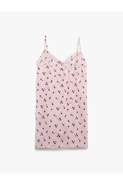 Koton Comfortable Fit Cotton V-Neck Thin Strap Cherry Printed Nightdress