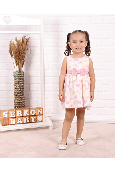 Serkon BABY Colorful Butterfly Printed Belt Detailed 100% Cotton Lined Baby Girl Dress