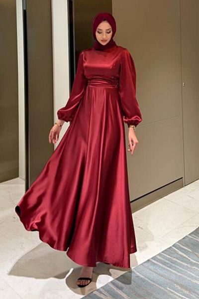 Abiye Diyarı Satin Evening Dress with Side Drawstrings-Burgundy