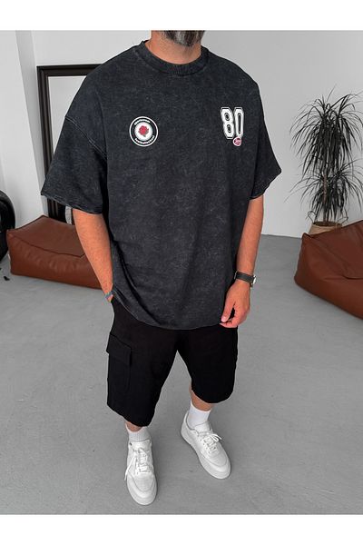 BYBASICMAN Black 80 Printed Washable Oversize T-Shirt Jj-191