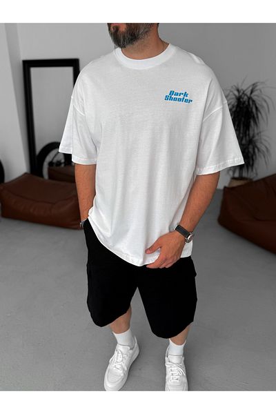 BYBASICMAN White Dark Shooter Printed Oversize T-Shirt Jj-240