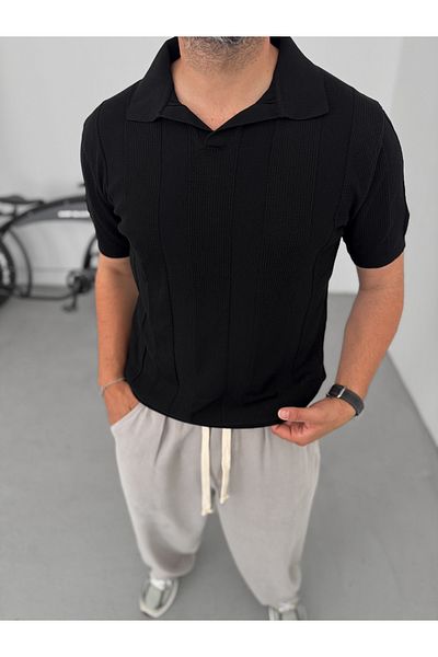 BYBASICMAN Black Thick Striped Polo Neck Knitwear T-Shirt Yp-5003