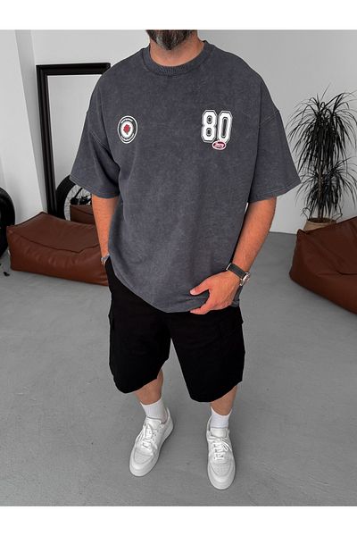 BYBASICMAN Anthracite 80 Printed Washed Oversize T-Shirt Jj-191