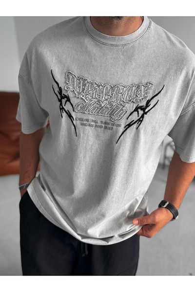 BYBASICMAN Light Gray Mentality Washed Oversize T-Shirt Jj-159