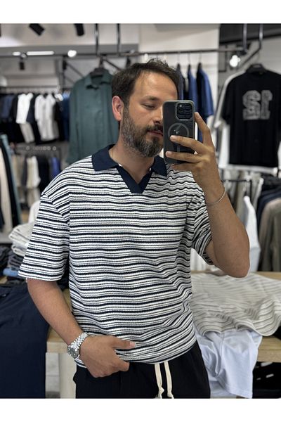 BYBASICMAN Navy Blue Striped V-Neck T-Shirt Yp-5077