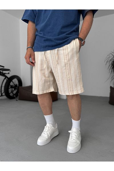 BYBASICMAN Light Brown Striped Seersucker Fabric Shorts G-5433/14