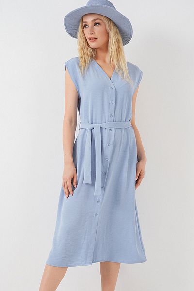 Bigdart Women's Zero Sleeve Belted Ayrobin Dress 2568 - Blue