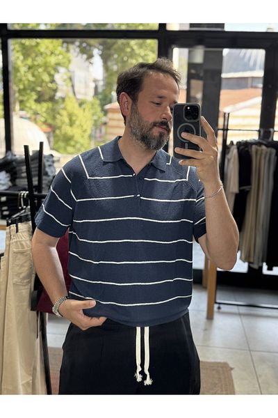 BYBASICMAN Navy Blue Towel Fabric Polo Neck Striped T-Shirt Tw-5010
