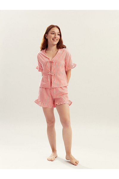 LC Waikiki Red Petite V Neck Plaid Women's Pajama Set with Shorts
