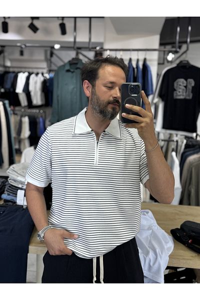 BYBASICMAN Black Polo Neck Striped Zipper T-Shirt Tw-1033