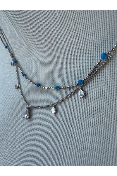 bijuxbymrv Double Chain Blue Beaded Stone Necklace
