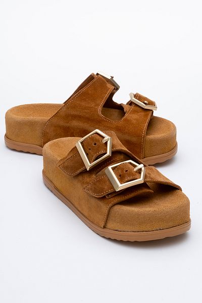 Dericlub Dericlub Women's Thick Sole Belted Slippers Real Suede Leather Zy 8145 Taba