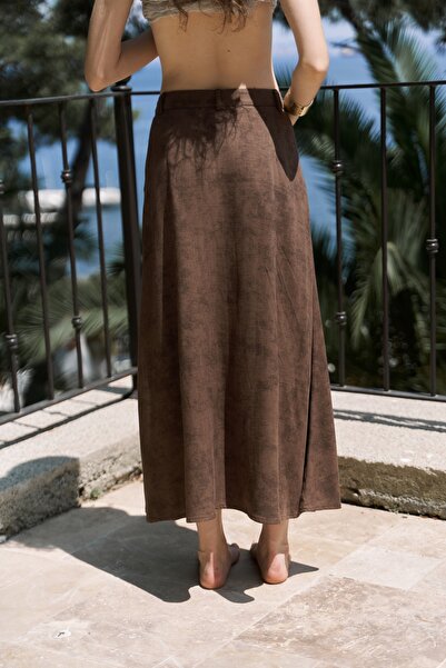 BOHEMAİ Garias Long Batik Patterned Brown Skirt with Pockets