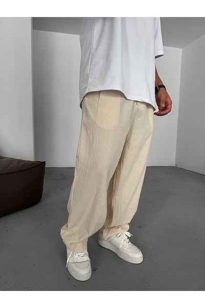 BYBASICMAN Beige Button Cotton Linen Baggy Trousers Es-16