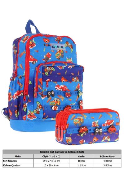KAUKKO Kids Boy Blue Red School Bag and Three Compartment Pen Holder Set - Silicone Accessories