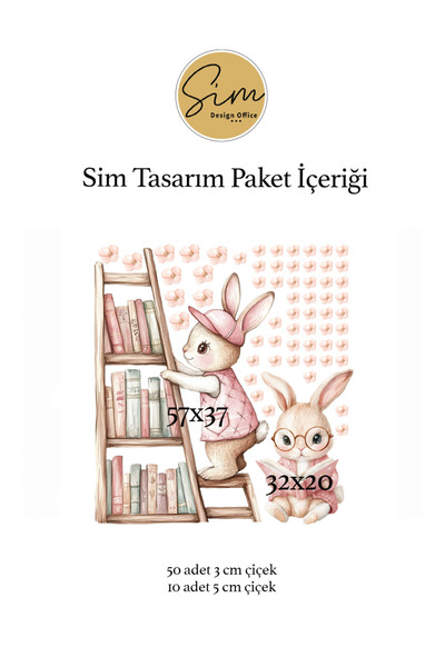 Sim Tasarım Kütüphanede Kitap Okuyan Sevimli Tavşanlar Dekoratif Duvar Sticker Seti