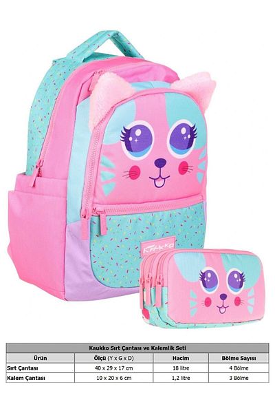 KAUKKO School Bag and Three Compartment Pen Holder Set - Pink Green - Cute Cat Shaped