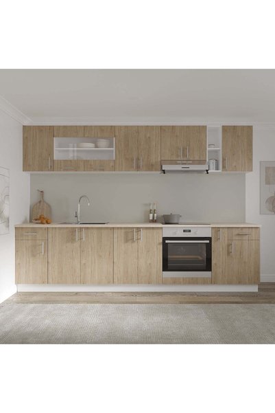 haaus.ro Set Bucatarie Karo V25, Lemn Natural/Alb, Blat Thermo 28 mm, L 300 cm
