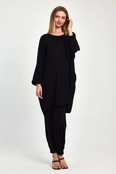 hazelin Women's Black Bat Sleeve Wide Fit Combed Cotton Viscose Double Suit Hzl25S-Vm110291