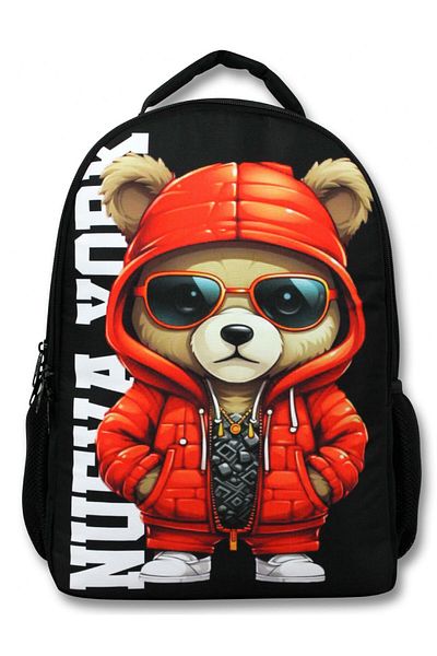 ÜMİT ÇANTA Ümit Çanta Boys' School Backpack - Hooded Teddy Bear - Red Black - 5102 (7 Years and Above)