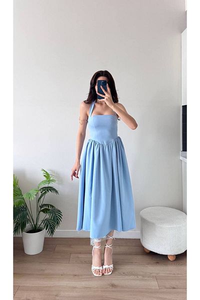 LOCH BUTİK Rochie midi cu căptușeală albastră pentru femei, cu gât lung din tul