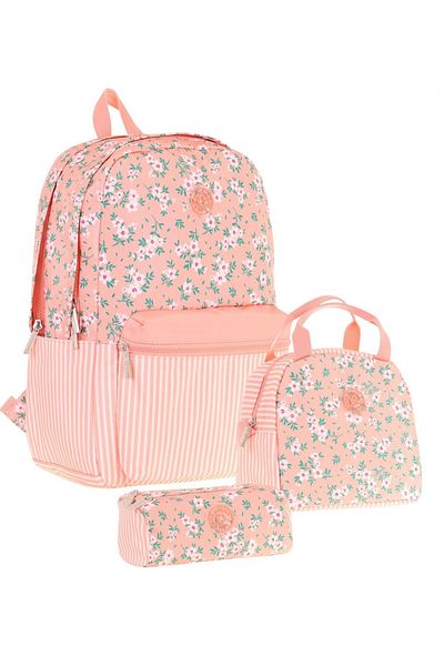 KAUKKO Set de genți de școală pentru fete triple florale moi - somon - model de flori și dungi