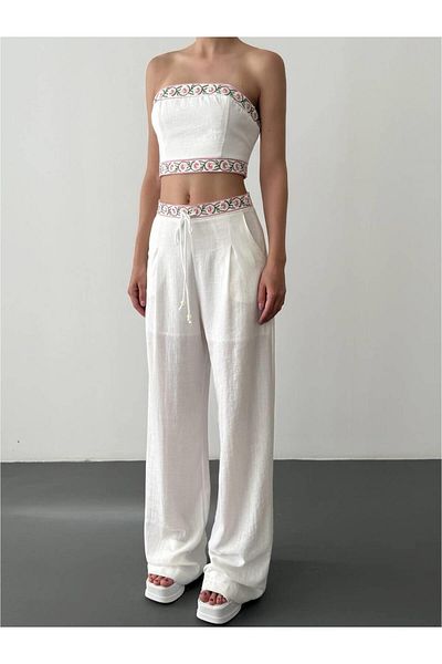 Coral Embroidery and Bead Detailed Trousers Ecru