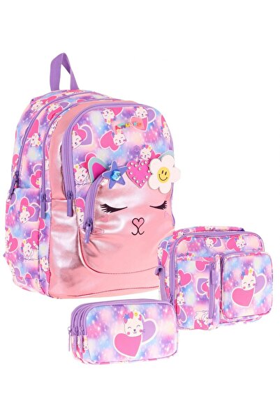 KAUKKO Kids Kedi Şekilli (Pembe Mor) Kız Çocuk Üçlü İlkokul Okul Çantası Seti