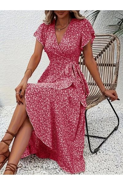 Butik Women's Short Sleeve Double Breasted Collar Patterned Single Jersey Dress