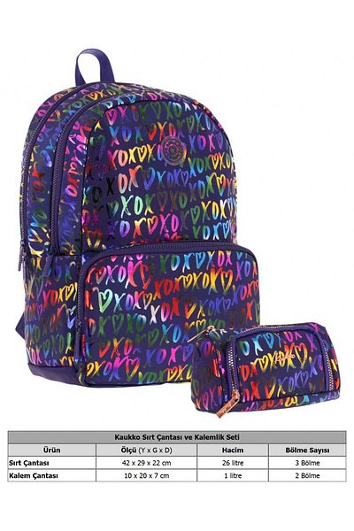 KAUKKO Set rucsac și suport pentru stilou pentru școala primară și gimnazială, cu model XOXO, albastru bleumarin pentru fete Shine