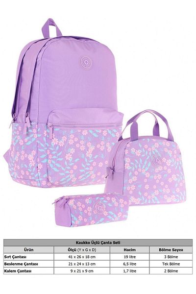 KAUKKO Set de genți de școală pentru fete triple florale moi - violet - floral