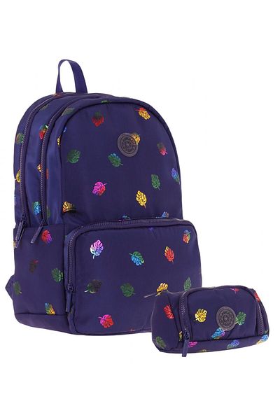 KAUKKO Set rucsac și suport pentru stilou pentru școala primară și gimnazială, cu model de frunze pentru fete, albastru bleumarin