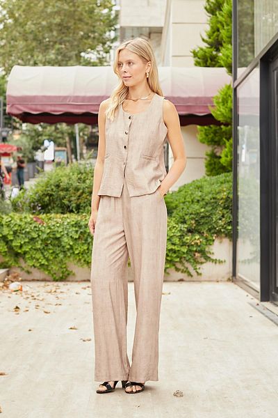 Jument Women's Linen Look Lycra-Free Fabric Underwire Collar Flato Pocket Buttoned Vest-Stone