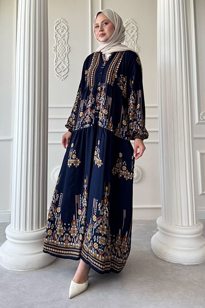 InStyle Motif Embroidered Navy Blue Viscose Dress