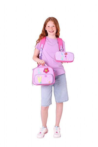 KAUKKO Kids Kız Çocuk Simli Love Desenli İlkokul 1.2.3.4. Sınıf Üçlü Okul Çanta Seti