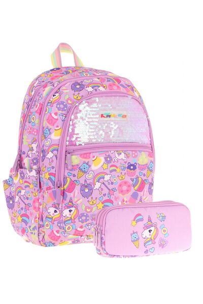 KAUKKO Set ghiozdan pentru copii și suport pentru creion cu trei compartimente (liliac - paiete dulce) - (L5215+L8215)