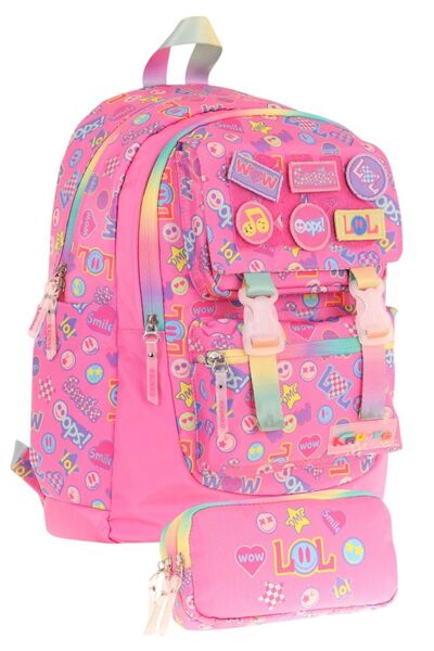 KAUKKO Set ghiozdan cu model cu inscripții armatate + suport stilou (L5237+L8237) Fată - Roz