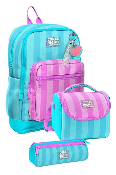 Coral High Primary School Triple School Starter Bag Set - Turquoise Pink Striped, Girl