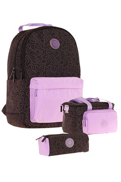 KAUKKO Set de genți de școală triplu pentru fete, mov, negru, cu model de dungi