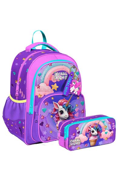 Coral High Rucsac pentru școală primară și suport pentru stilou cu două compartimente - Fată - Unicorn înghețată roz violet