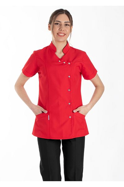 Alsancak Üniforma Luxe Flex Red/Black Lycra Thin Stretch Fabric Doctor Uniform and Nurse Uniform Set