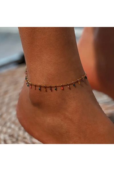 derokas Elegant Gold Tone Stainless Steel Colorful Beaded Double Layer Foot Bracelet Guaranteed No Tarnish